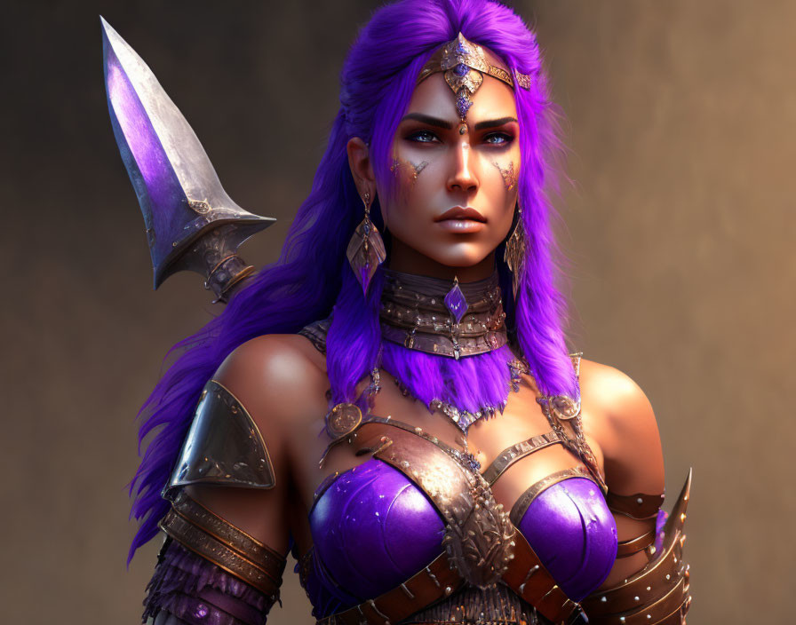 Fantasy female warrior with purple hair and spear in intricate armor