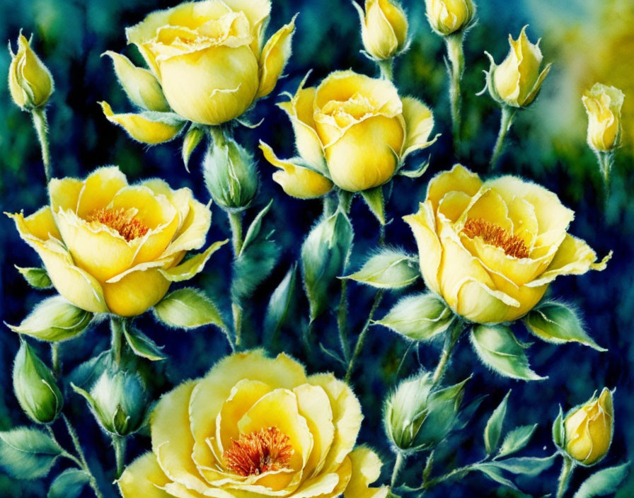 Yellow Roses Painting with Green Leaves on Moody Blue Background