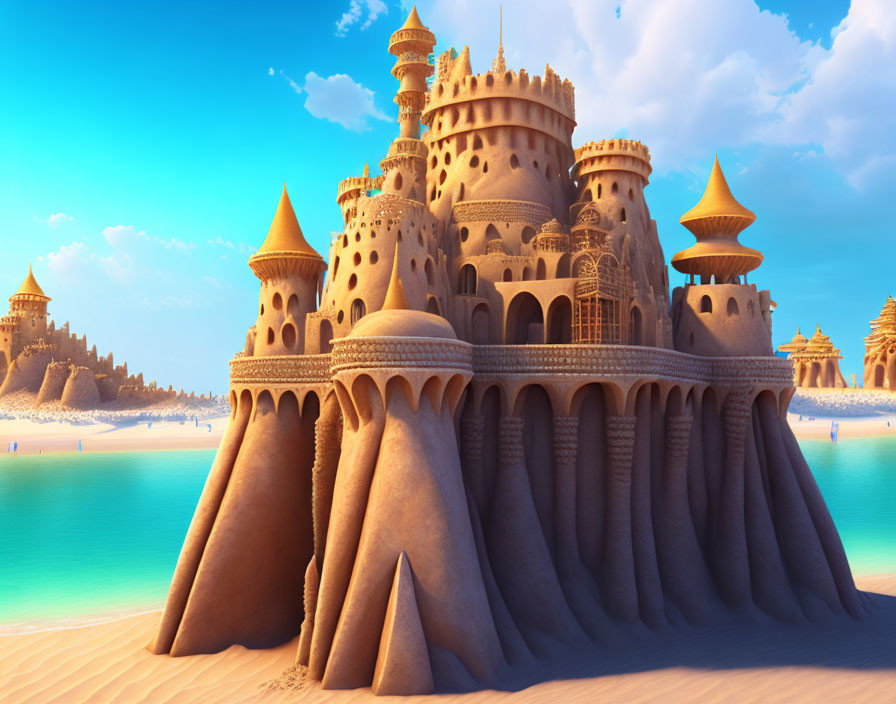 Detailed sandcastle with multiple towers on sunny beach