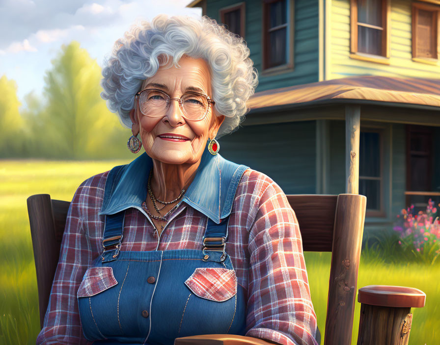 Elderly woman in denim overalls and plaid shirt smiling outdoors