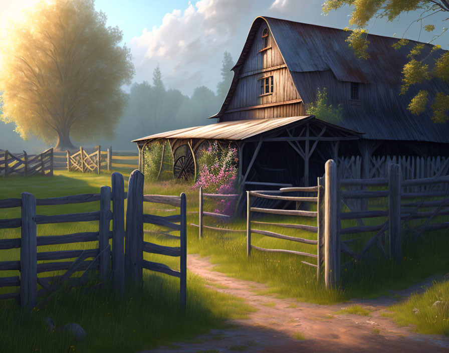 Rustic barn and wagon wheel in lush greenery at sunrise