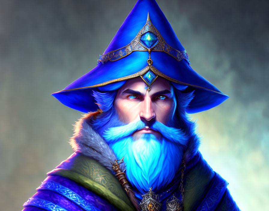 Digital artwork of stern wizard with blue hat and beard in regal attire