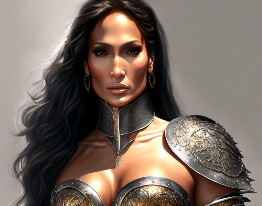 Digital artwork: Woman with long black hair in silver and gold armor