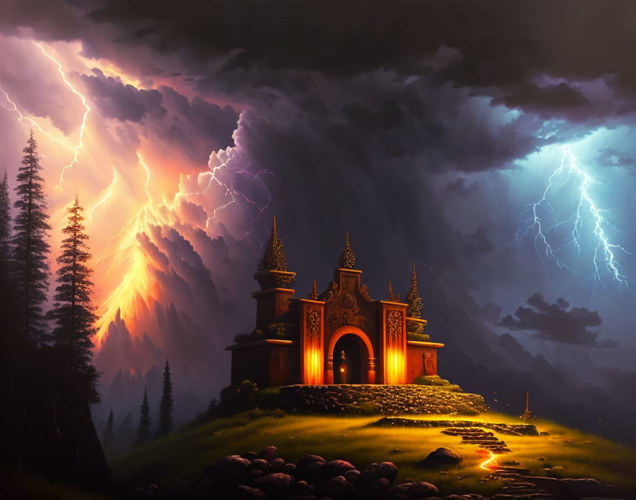 Ornate gate glowing under stormy skies with lightning and tall pines