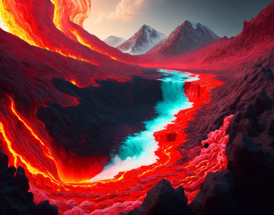 Surreal blue glow contrasts fiery red landscape with lava river