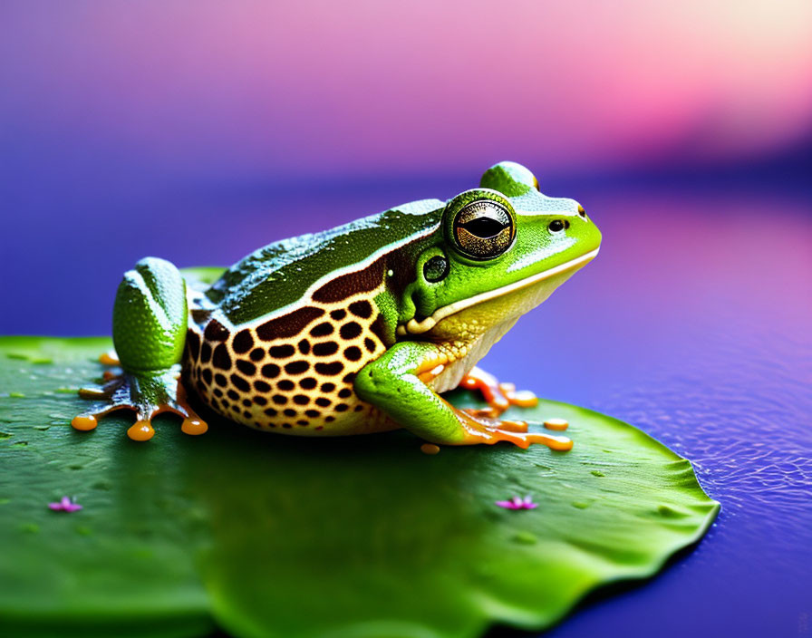 Colorful Green Frog on Lily Pad with Soft-Focus Background