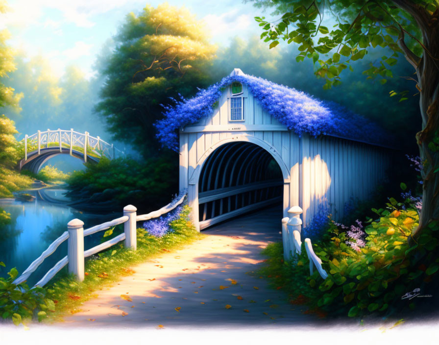 Tranquil painting of covered bridge with blue flowers, footbridge, lush greenery, river