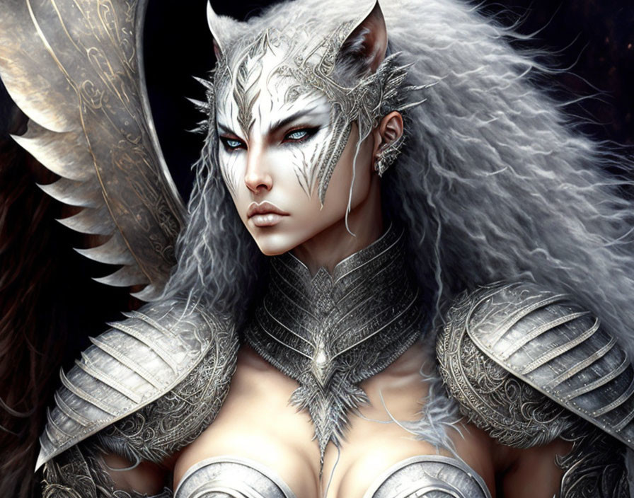 Fantasy illustration of woman with feline features and angelic wings