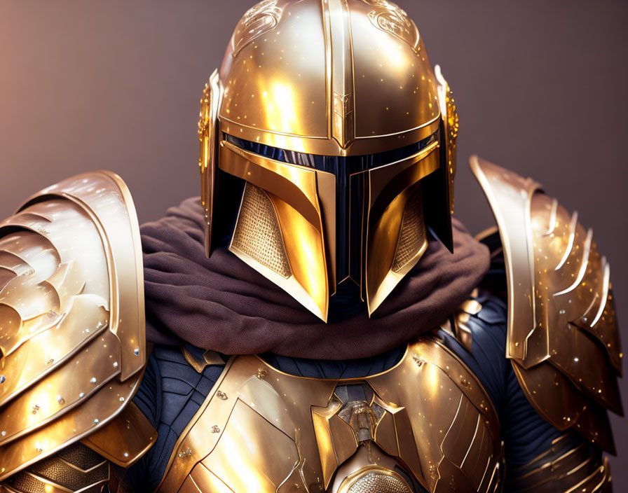 Detailed Close-Up of Person in Golden Knight Helmet and Armor on Brown Background