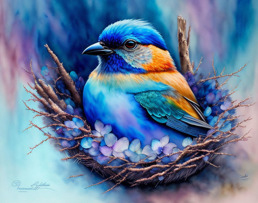 Colorful Bird in Nest Surrounded by Flowers and Twigs