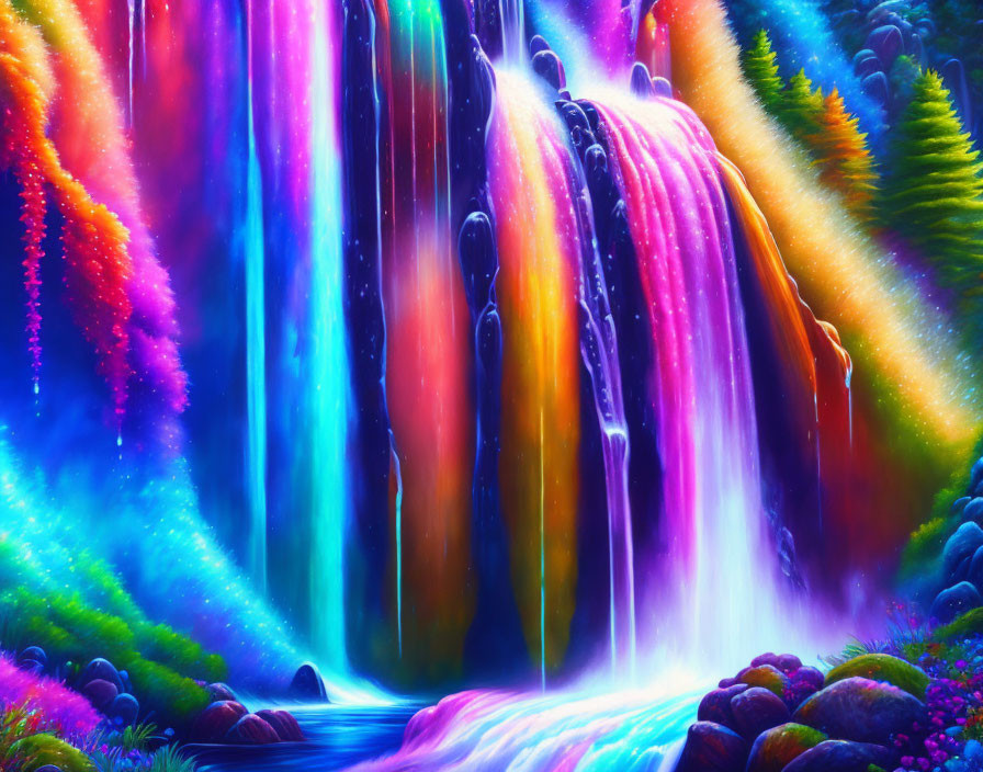 Neon-colored waterfall in magical, luminous landscape