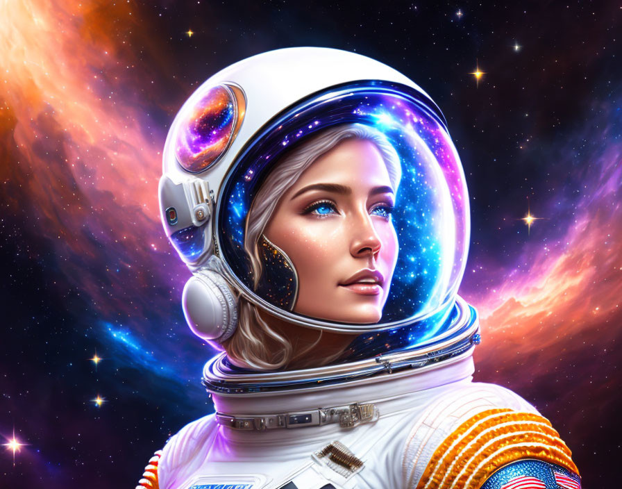 Woman astronaut digital artwork in reflective helmet against cosmic background