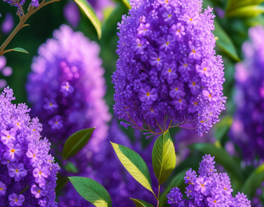 Clustered vibrant purple lilac blooms in lush garden setting