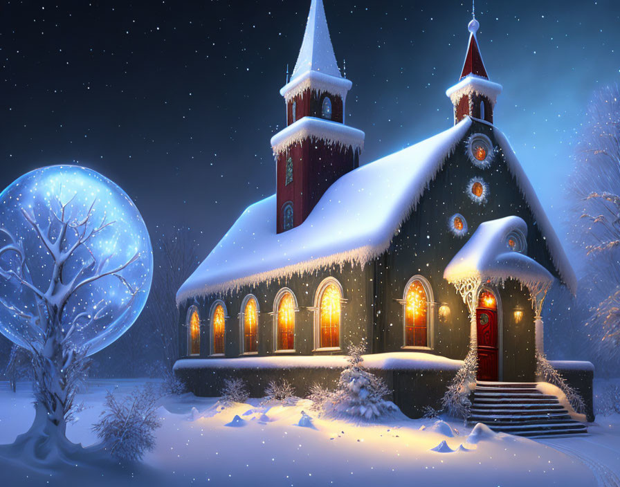 Snowy church at night with Christmas decorations