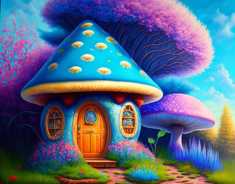 Colorful Fantasy Landscape with Mushroom-shaped House