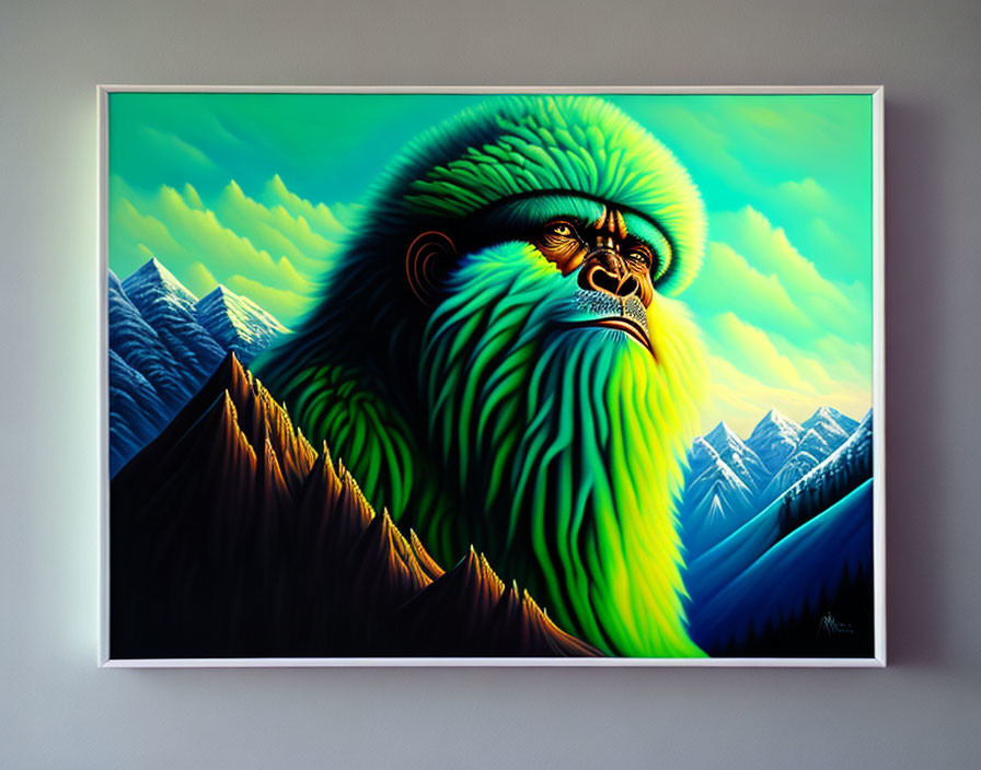 Colorful gorilla painting with green sky and mountains on wall