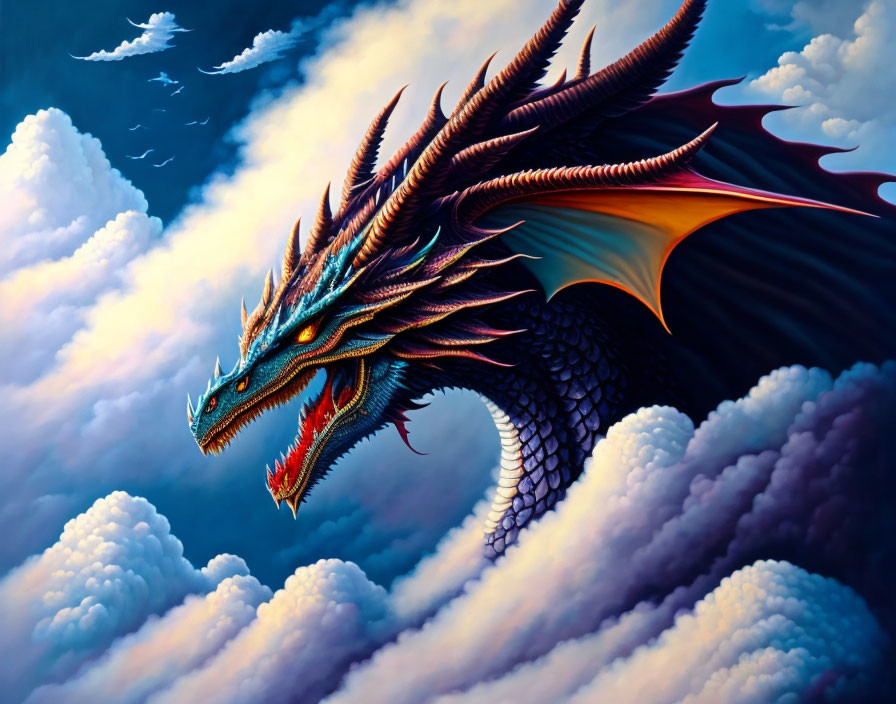 Blue dragon flying above fluffy clouds with orange wings and white birds in blue sky