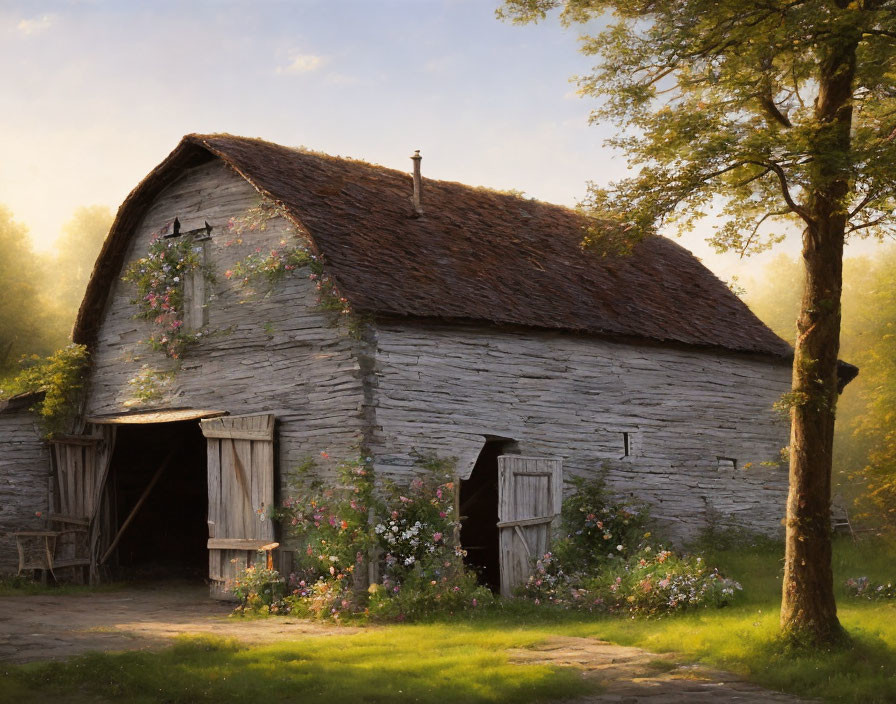 Rustic barn in serene natural setting with blooming flowers