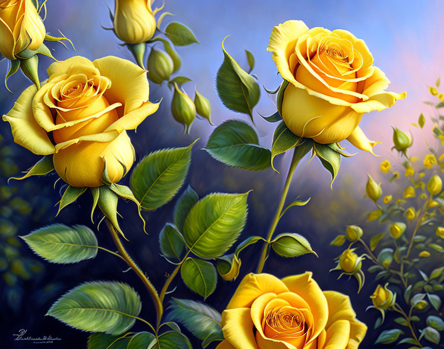 Colorful Yellow Roses with Green Leaves on Blurred Background