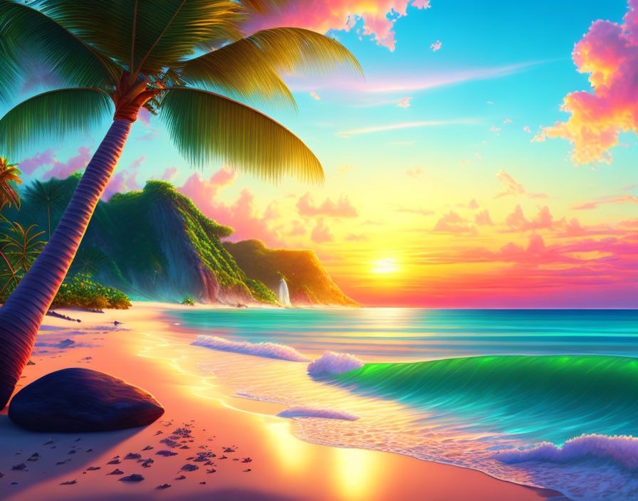 Tropical beach sunset with palm trees, waves, colorful sky, and cliffs.