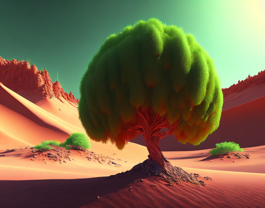 Lush Green Tree Against Desert Dunes and Teal Sky