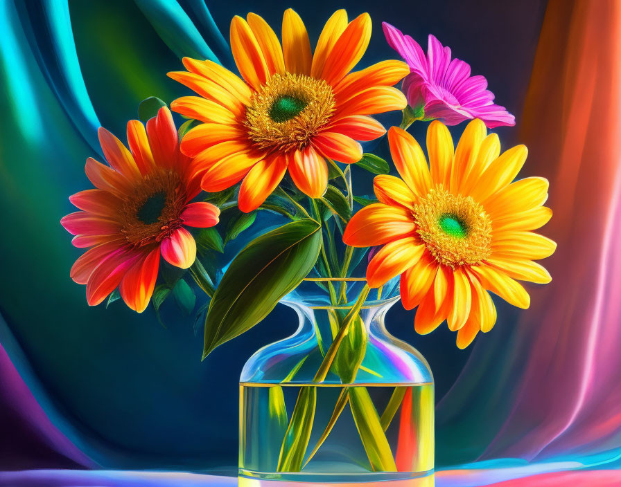 Colorful Flowers in Clear Vase Against Multicolored Background