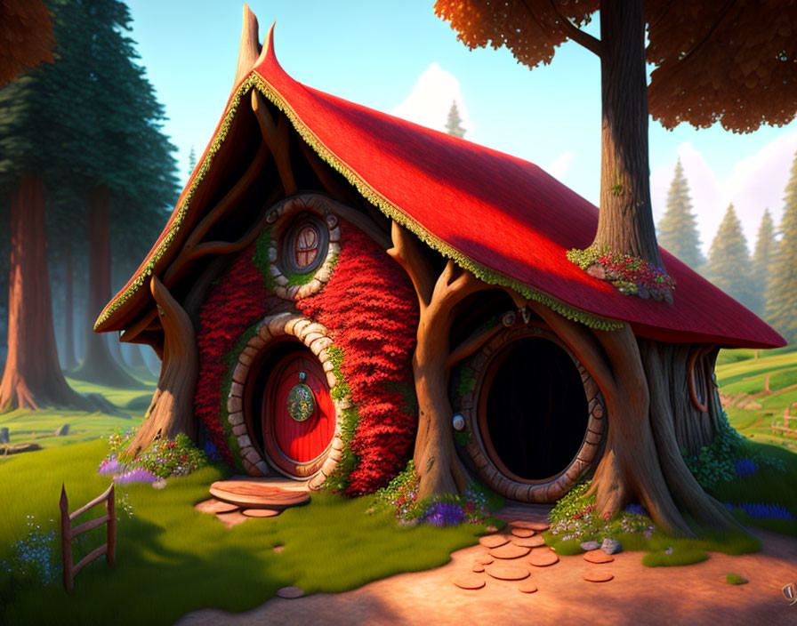 Whimsical cottage with red roof in lush forest.