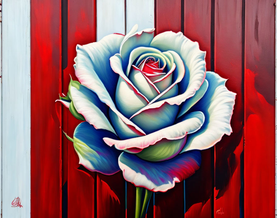 Multicolored rose painting on red wooden background