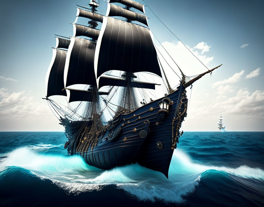 Old-fashioned ship with black sails at sea under clear sky, another ship in distance