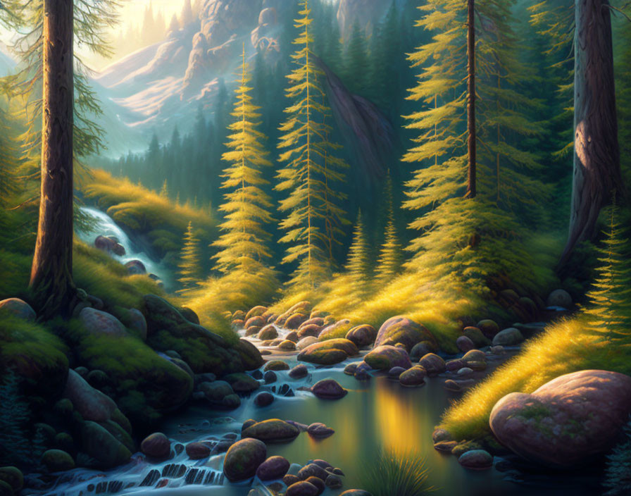 Tranquil forest landscape with sunlight, stream, rocks, and greenery