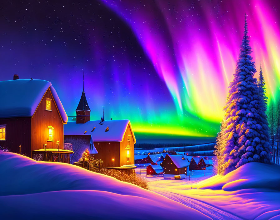 Colorful aurora borealis over snowy village with pine forest