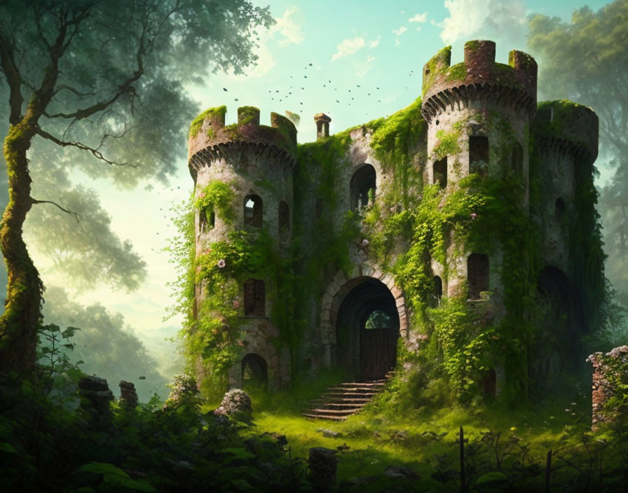 Ivy-clad castle with round turrets in lush forest