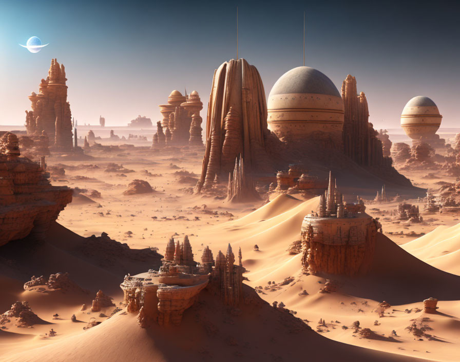 Futuristic sci-fi desert landscape with multiple moons or planets