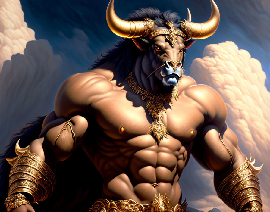 Muscular anthropomorphic bull with golden arm bands in cloudy sky