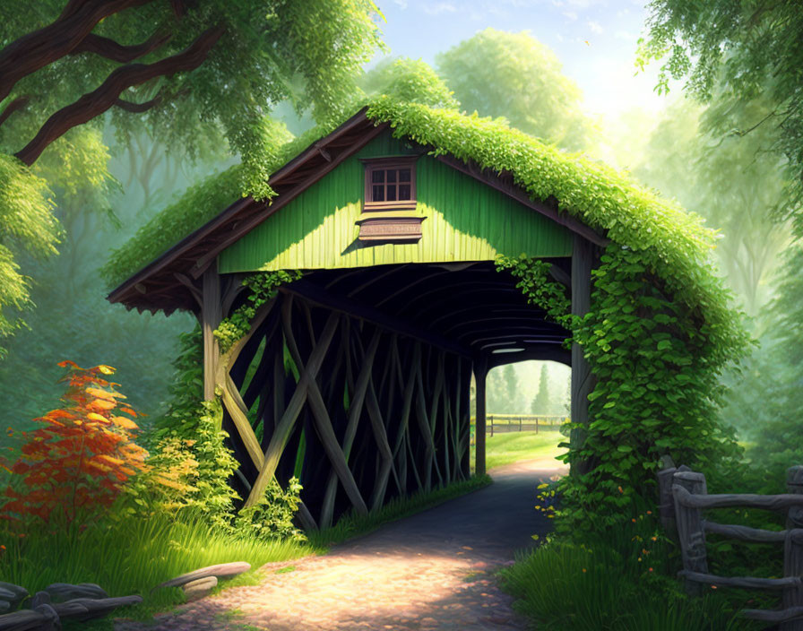 Wooden covered bridge surrounded by lush greenery and trees under clear sky