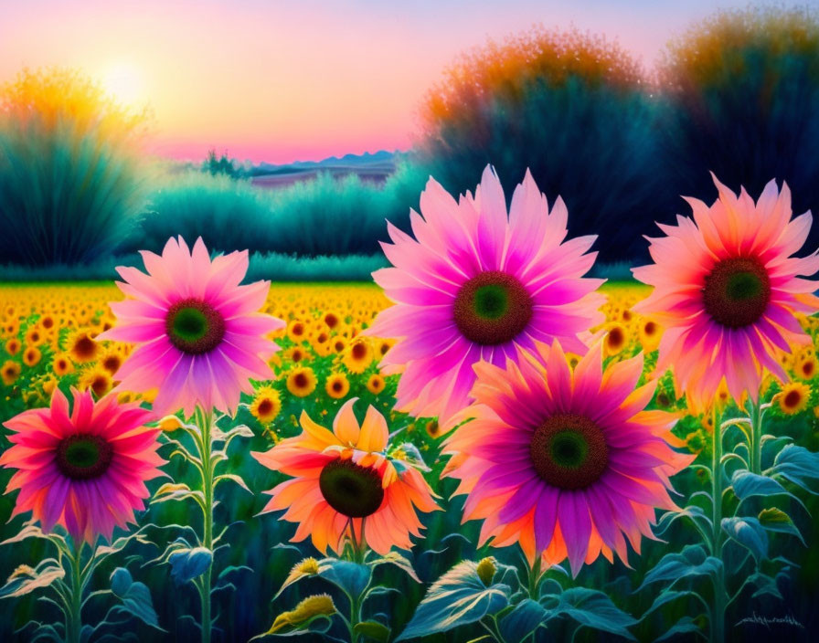 Colorful painting of pink flowers, sunflower field, and sunset