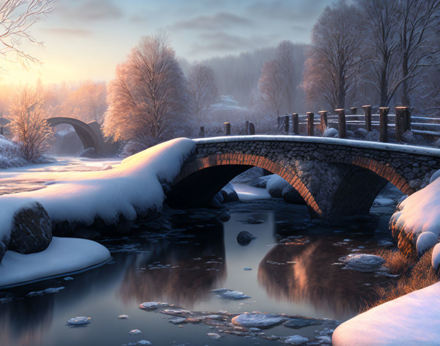 Snow-covered stone bridge over calm river with frosty trees under soft dawn light