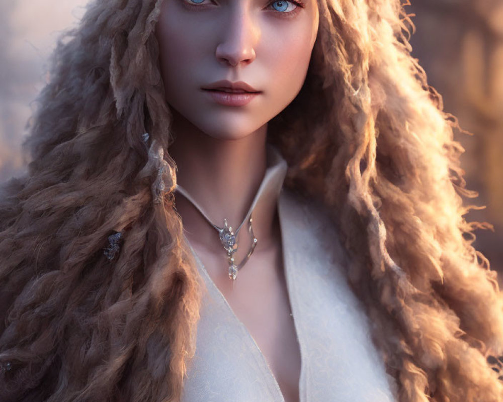 3D-rendered female character with long blonde hair and blue eyes in white outfit