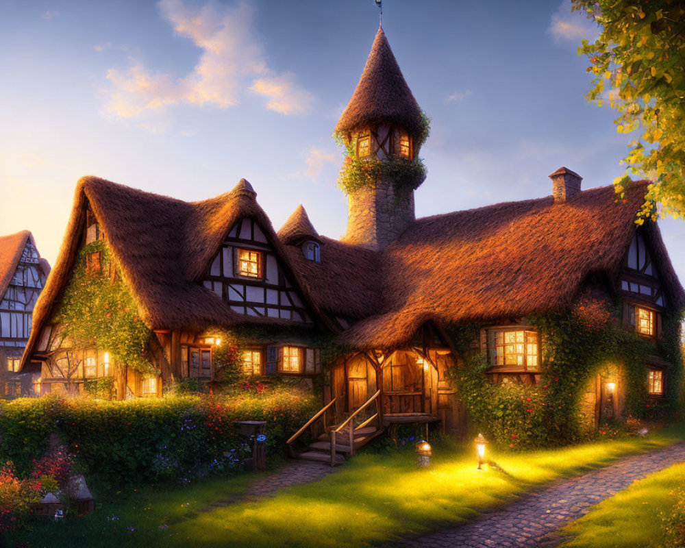 Thatched-Roof Cottage with Towering Spire and Golden Sunset Garden