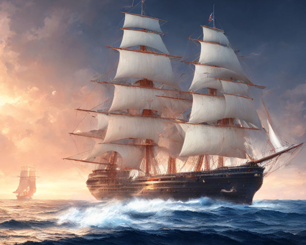 Tall ship with white sails sailing at sunset