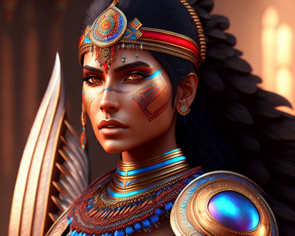 Warrior woman portrait with face paint, feathered headdress, and blue gemstone armor.