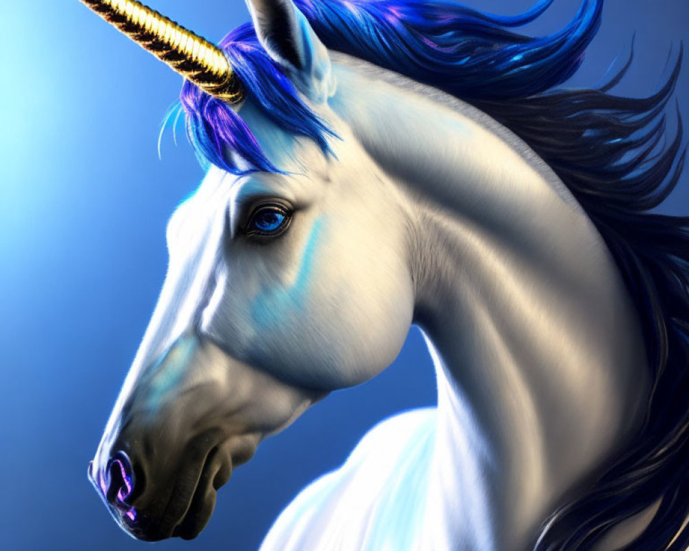 Shimmering golden horn unicorn with blue mane on blue background