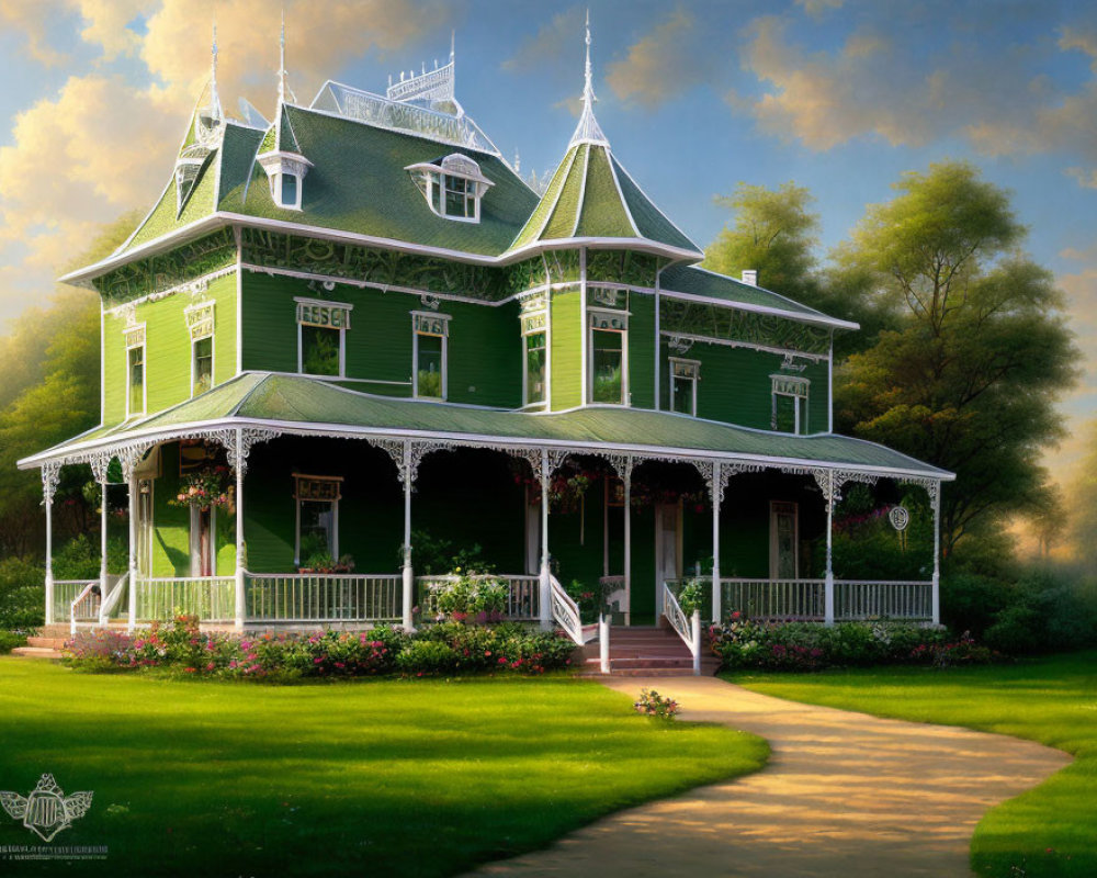 Victorian Green House with White Trim and Wrap-Around Porch