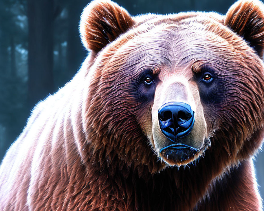 Brown bear's head with focused gaze in misty wooded background