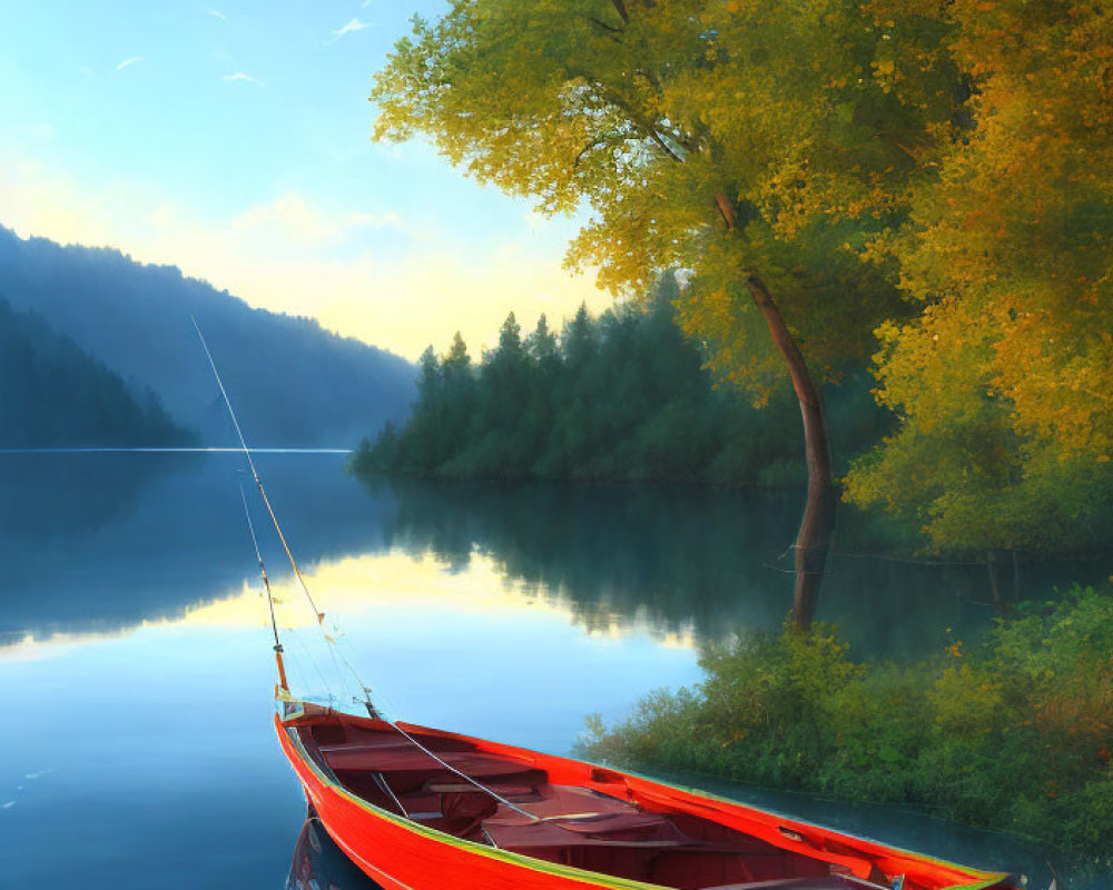 Tranquil lake scene with red boat under autumn tree