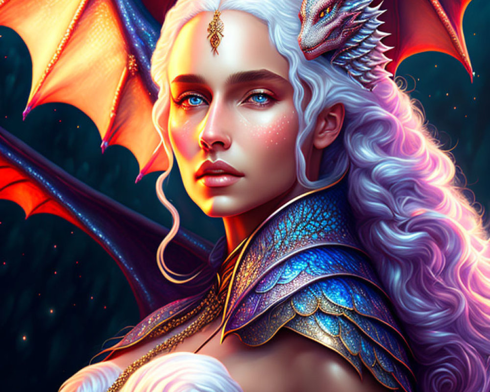 Fantasy illustration of woman with platinum hair and blue eyes with small dragon in matching armor