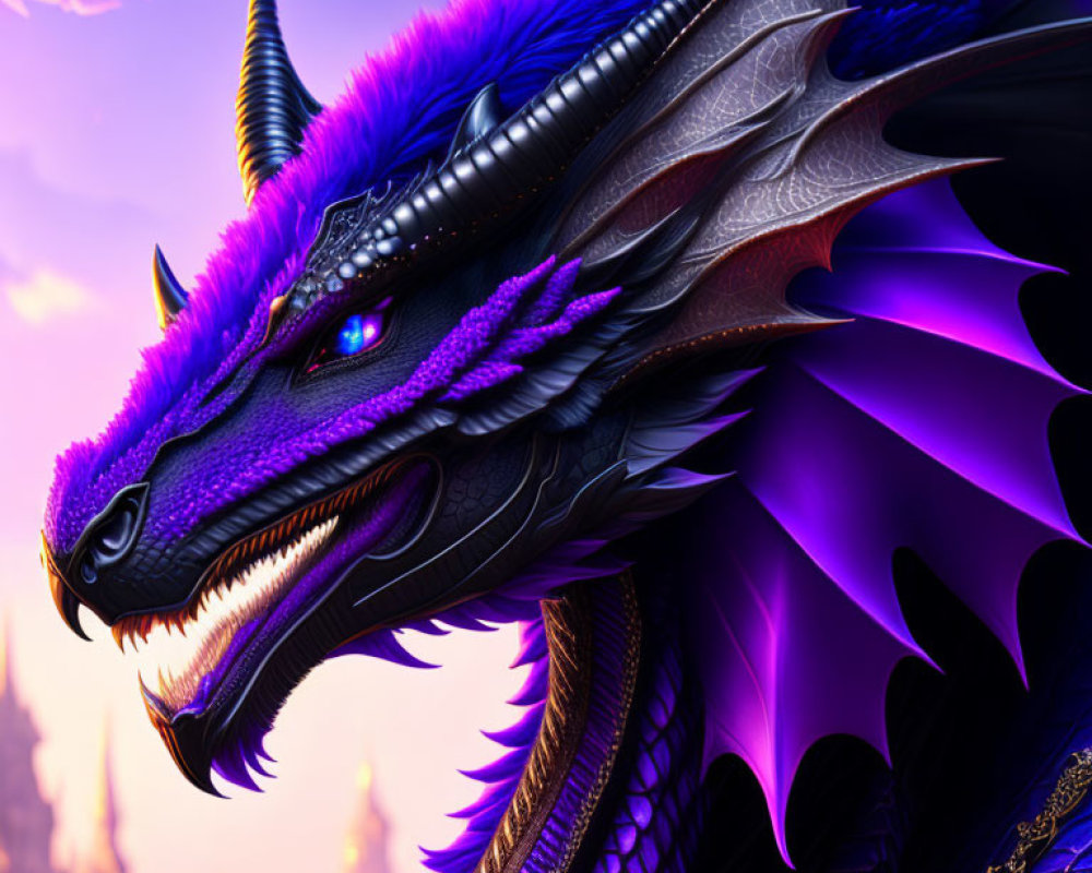 Purple Dragon with Glowing Blue Eyes and Castle Sunset Backdrop