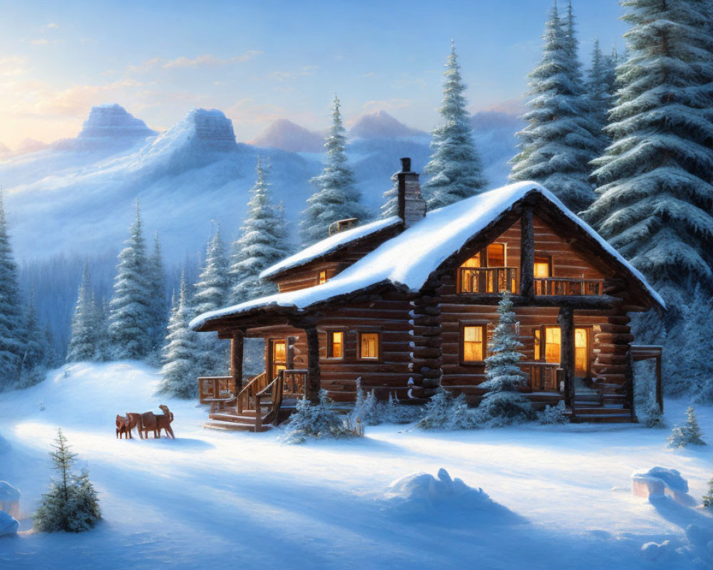 Snowy log cabin in sunrise glow with pine trees, horse, and mountains