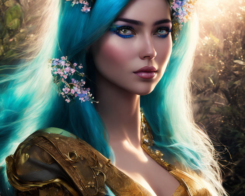 Portrait of woman with turquoise hair, blue eyes, and golden armor in sunlit woodland