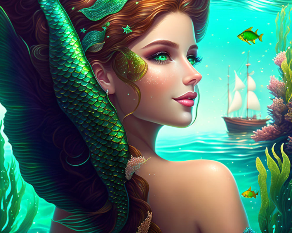 Mermaid digital illustration with green scales, flowing hair, fish, and sailing ship